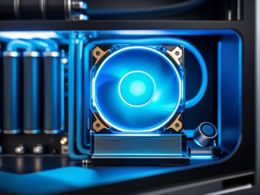 Detalles de refrigeración líquida en PC gaming: tubos transparentes con líquido azul y gotas de agua en superficie metálica