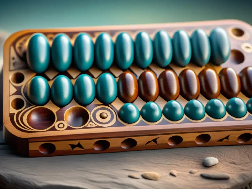 Detalles de un tablero de Mancala africano, tallado en caoba con patrones geométricos tradicionales, revelando historia y destreza artesanal