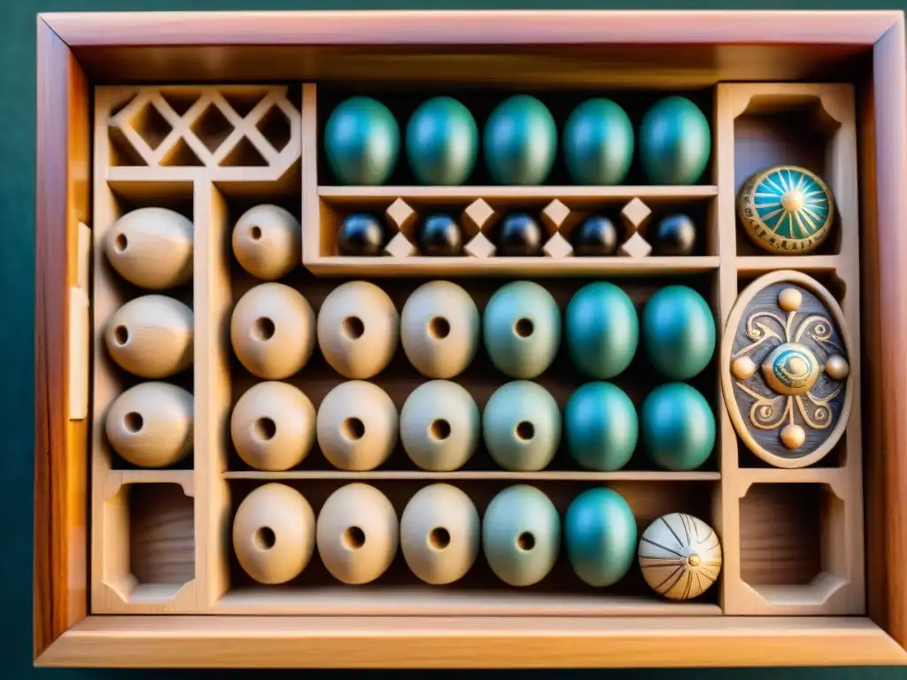 Detalles de tablero antiguo de Mancala tallado en madera, con símbolos y patrones intrincados, desgastado y lleno de historia del juego de Mancala