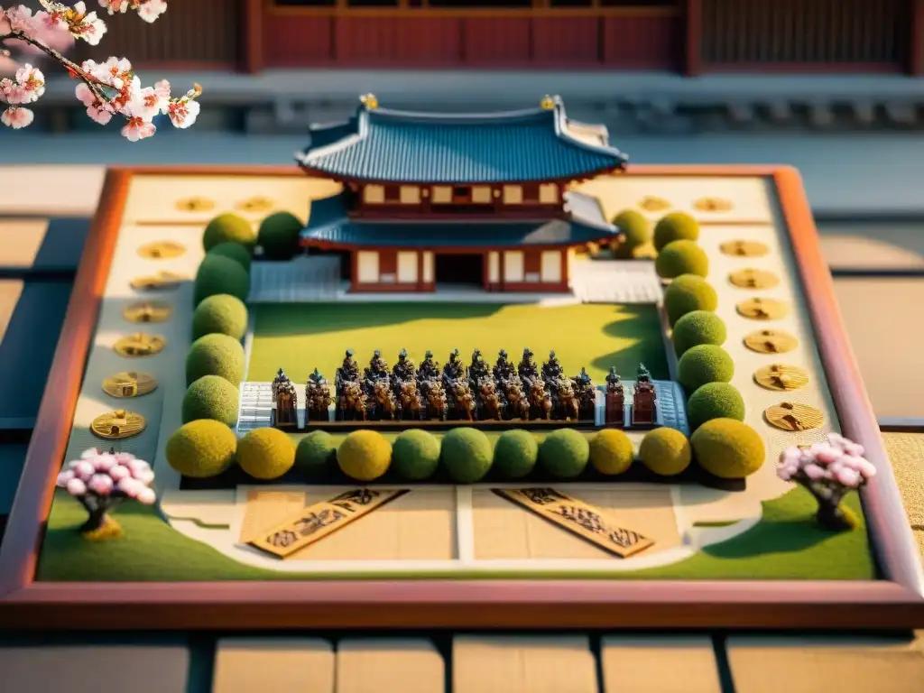 Detalles de un tablero de Janggi con piezas esculpidas, en un palacio coreano con cerezos en flor