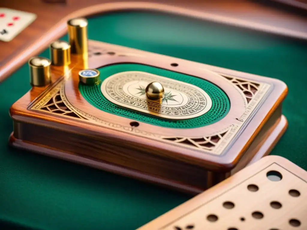 Detalles tallados en tablero de Cribbage de madera, con elementos náuticos como barcos y brújulas, listo para jugar