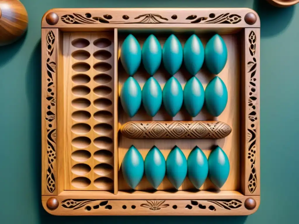 Detalles tallados en un tablero de Mancala de madera, revelando la esencia de juegos africanos estrategia tradicionales