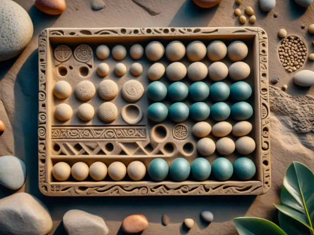 Detalles únicos de un tablero de Mancala esculpido en piedra, resaltando la historia y cultura del juego