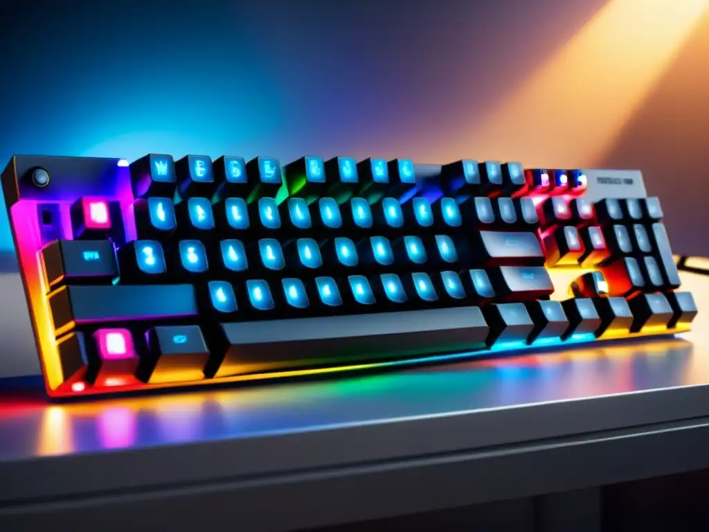 Detalles vibrantes y efectos luminosos en un teclado gaming, destacando la importancia de ratones y teclados gaming