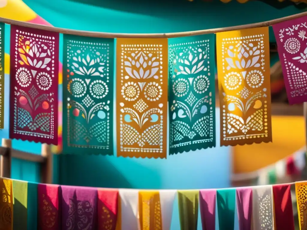 Detalles vibrantes de papel picado en juegos tradicionales