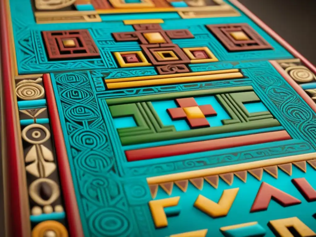 Detalles vibrantes de un tablero de patolli azteca, reflejo de la artesanía y cultura de los Juegos de culturas milenarias