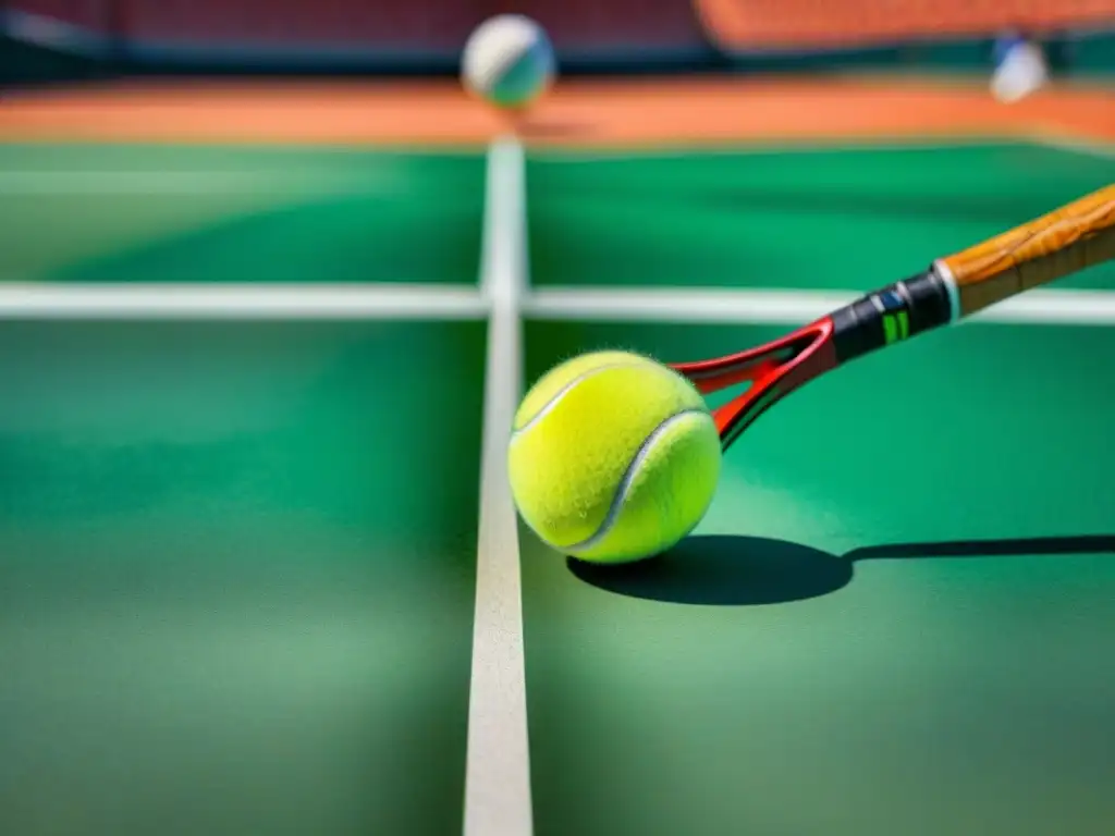 Detalles de un viejo raqueta y pelota de tenis, con desgaste en la empuñadura y textura de la pelota