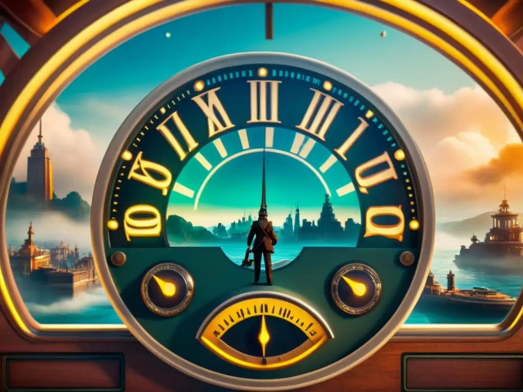 Un dial de radio vintage detallado iluminado, con un skyline steampunk