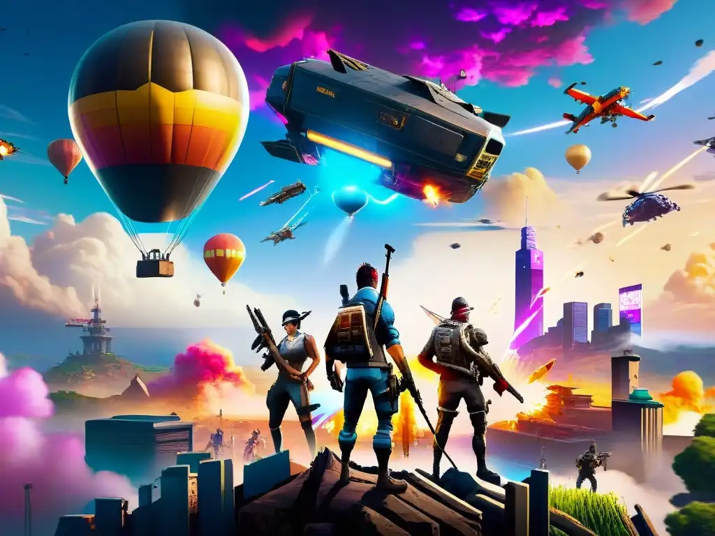 Ilustración digital intensa que muestra la evolución de los Battle Royale desde PUBG hasta Fortnite y Apex Legends, en una ciudad futurista