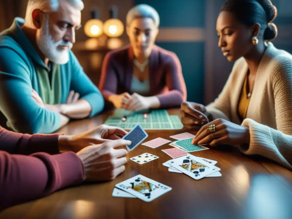 Transformación digital en juegos de cartas en mesa: Grupo disfrutando de un juego tradicional con toque moderno