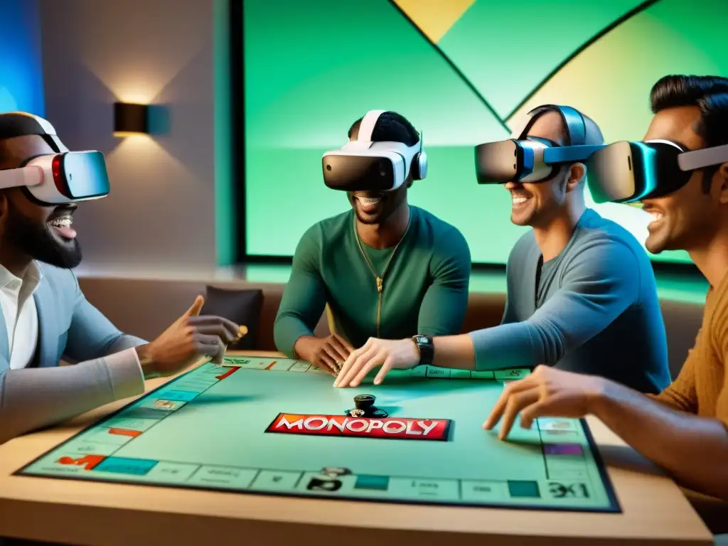 Transformación digital en juegos de mesa: Amigos disfrutan de Monopoly en realidad virtual, inmersos y emocionados