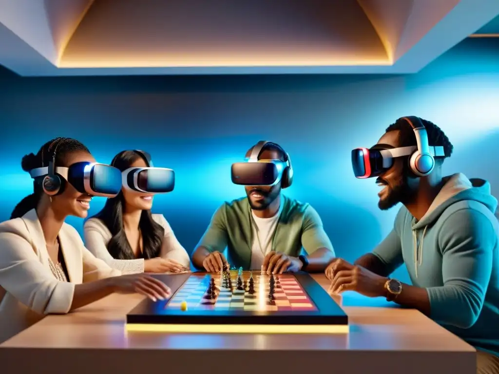 Una transformación digital en juegos de mesa: personas diversas disfrutan de un juego de realidad virtual en una sala moderna futurista