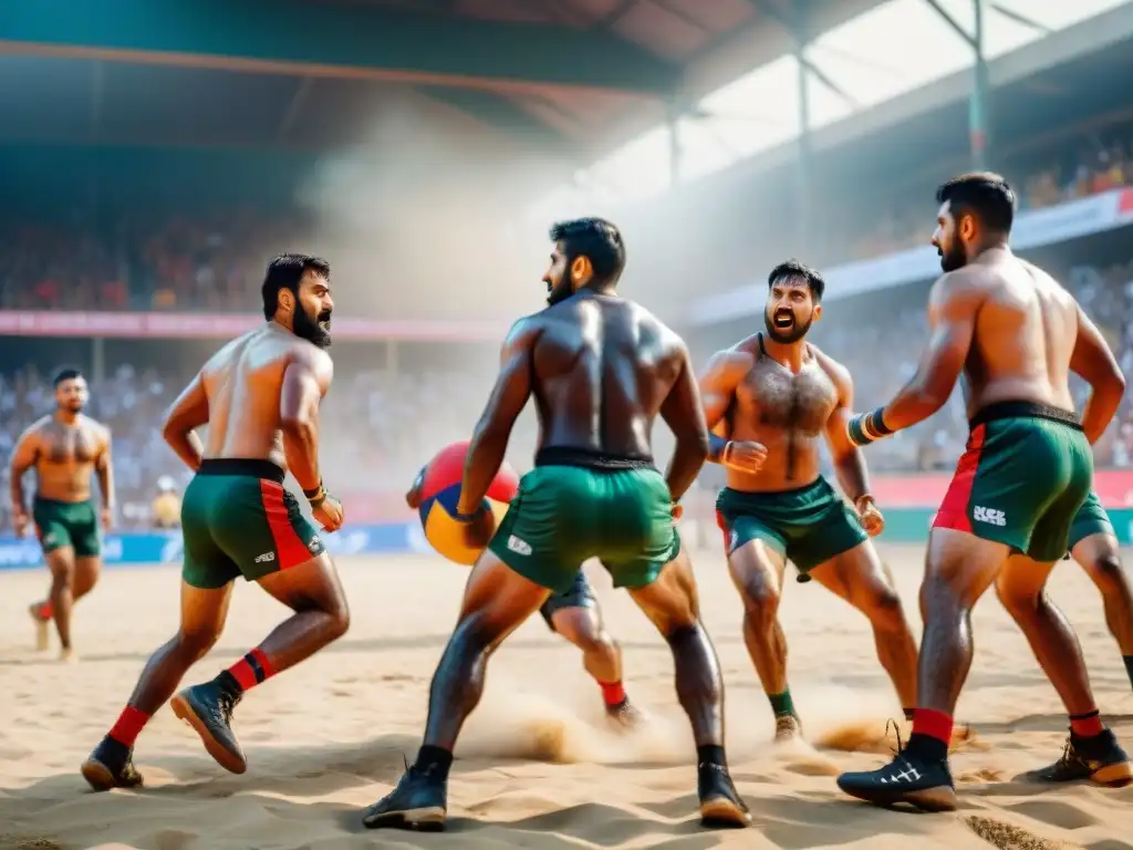 Dinámica escena de jugadores de Kabaddi en acción, con público vibrante