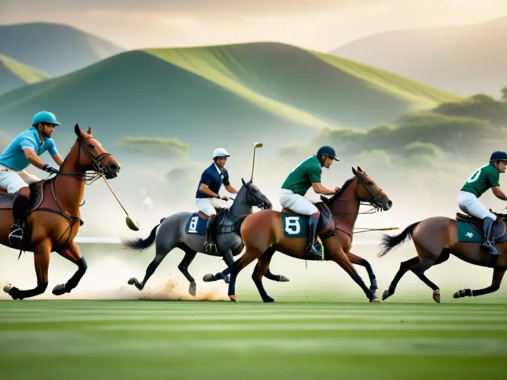 Dinámicas sociales y económicas en golf: Partido de polo en campo verde, jugadores montados en caballos, público y paisaje panorámico