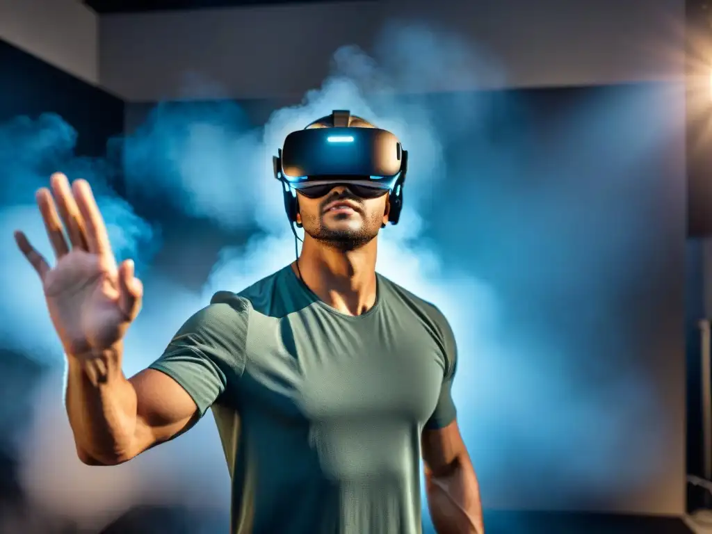 Director de cine inmerso en realidad virtual, dirigiendo actores invisibles en set futurista