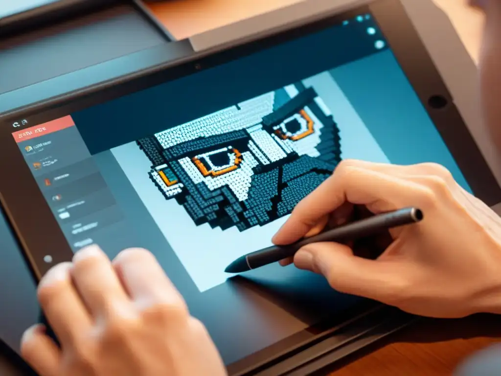 Diseño gráfico en videojuegos: Detalle minucioso de un diseñador creando arte pixelado en una tableta digital, mostrando concentración y destreza