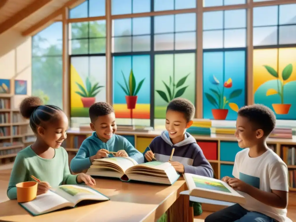 Diversidad y alegría en un centro comunitario multicultural donde niños disfrutan de pasatiempos como pintar, tocar instrumentos y leer libros