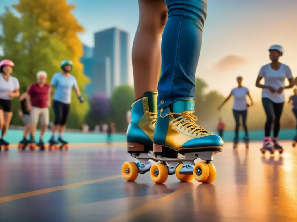 Diversidad y alegría en un parque urbano al atardecer, con personas de todas las edades patinando