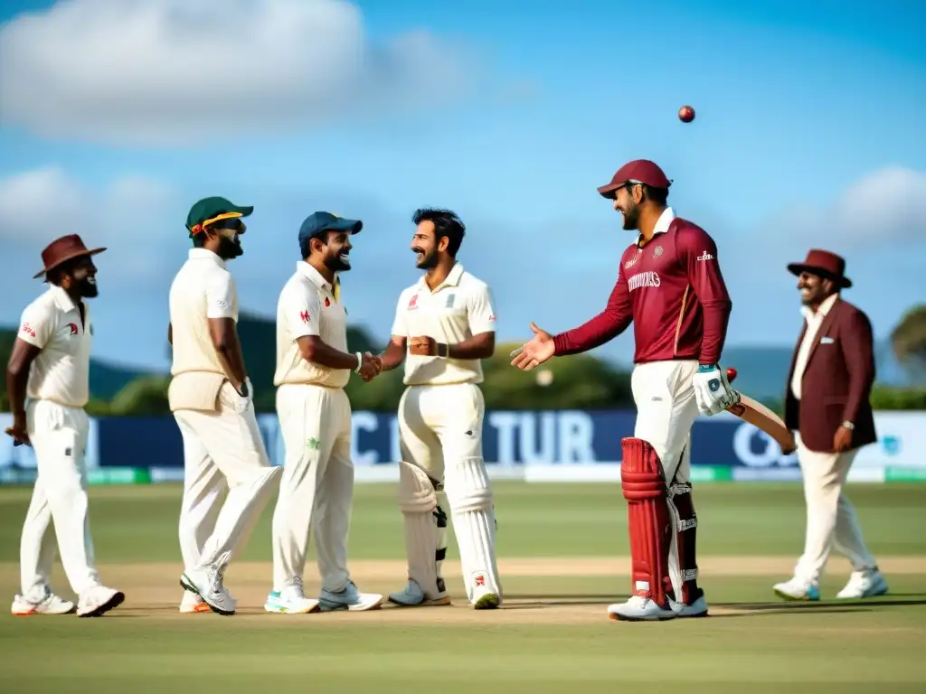 Celebrando la diversidad y amistad en un campo de cricket, reflejando el origen y expansión del cricket a nivel internacional