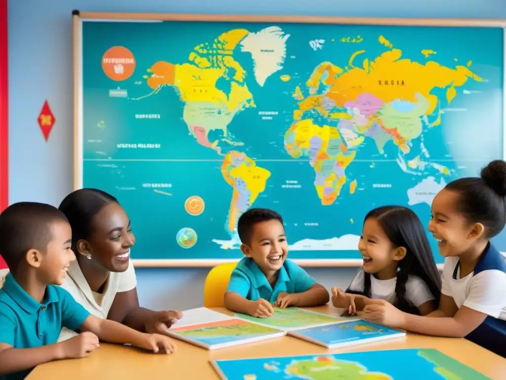 Diversidad cultural en aula colorida: niños aprenden jugando