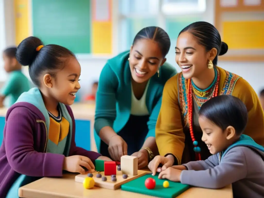 Diversidad cultural en juegos educativos fomenta habilidades sociales entre niños de distintas culturas en alegre aula inclusiva