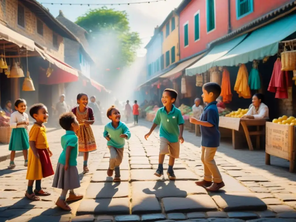 Diversidad cultural y juegos callejeros unen a niños en mercado vibrante, conservando lenguas