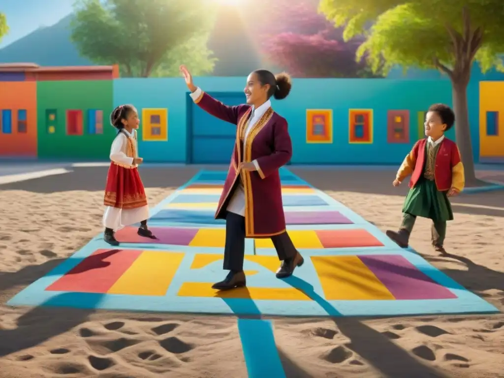 Diversidad cultural en juegos tradicionales del currículo escolar: niños juegan rayuela felizmente en un patio pintado a mano