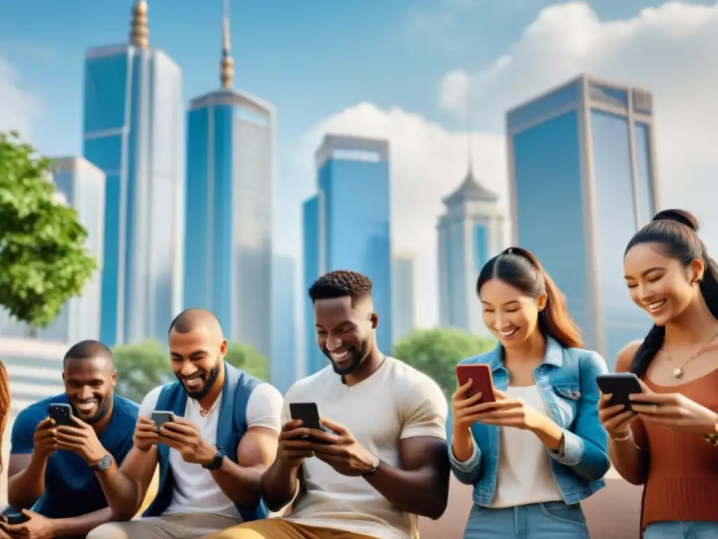 Diversidad cultural en juegos móviles: personas de distintos orígenes disfrutan de sus smartphones en una plaza urbana