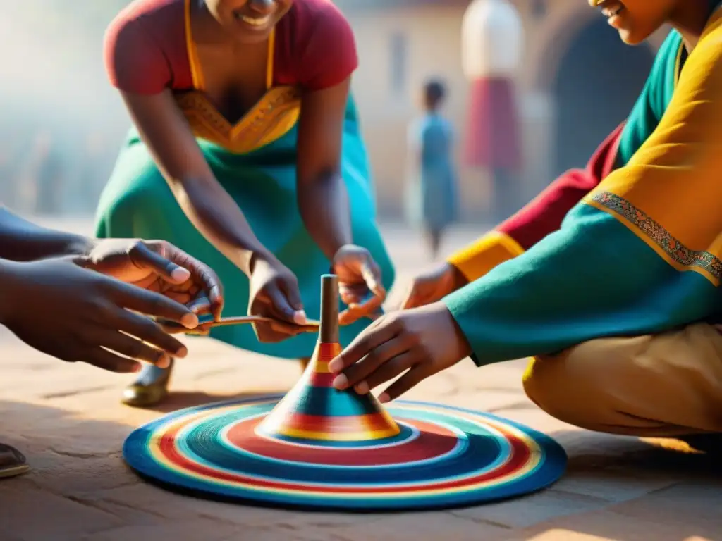 Diversidad cultural: niños juegan con trompos en plaza soleada