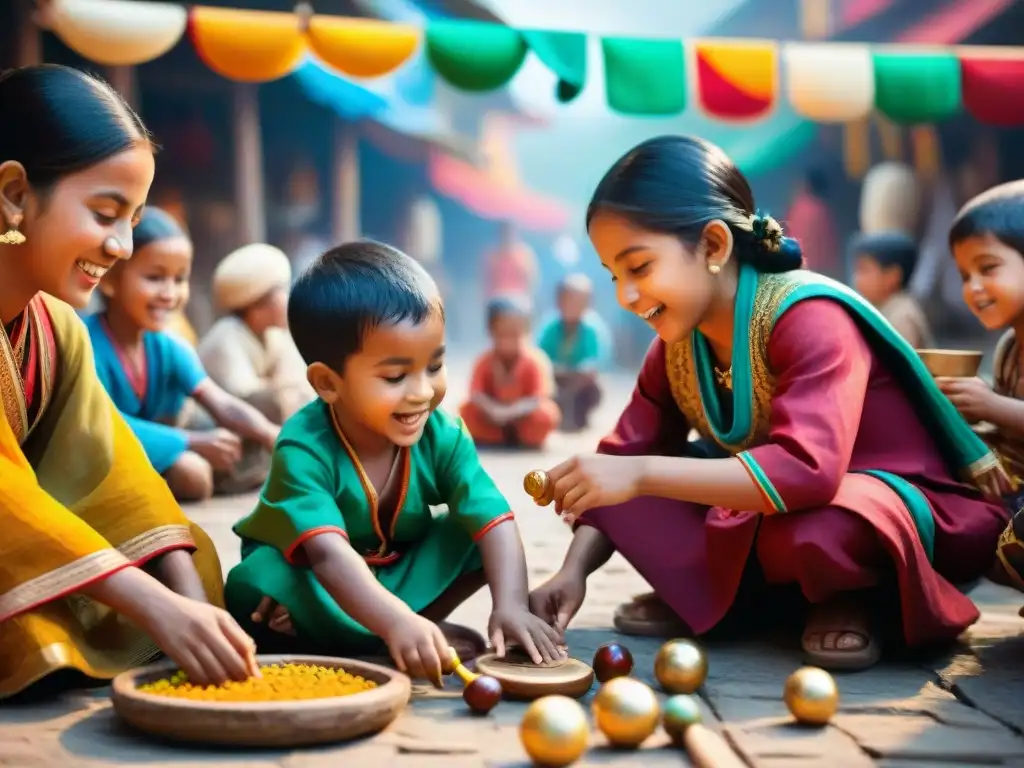 Celebrando la diversidad y la unión, niños de distintas culturas juegan juntos en un mercado lleno de vida