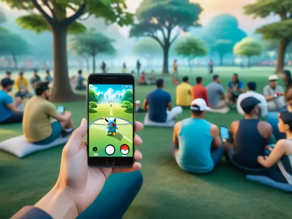 Diversidad y emoción en el parque: gente de todas las edades y culturas jugando Pokémon Go juntos en sus teléfonos