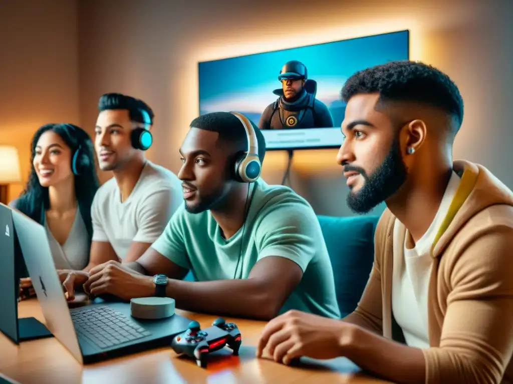 Comunidad emocionada apoyando proyecto de juego en crowdfunding Diversidad generacional en crowdfunding de juegos: comunidad emocionada frente a la pantalla