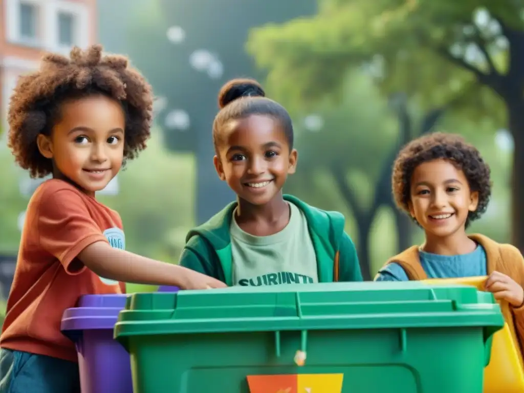 Diversidad en juegos educativos conciencia ambiental en un parque verde con niños de diferentes etnias y fondos, unidos y felices