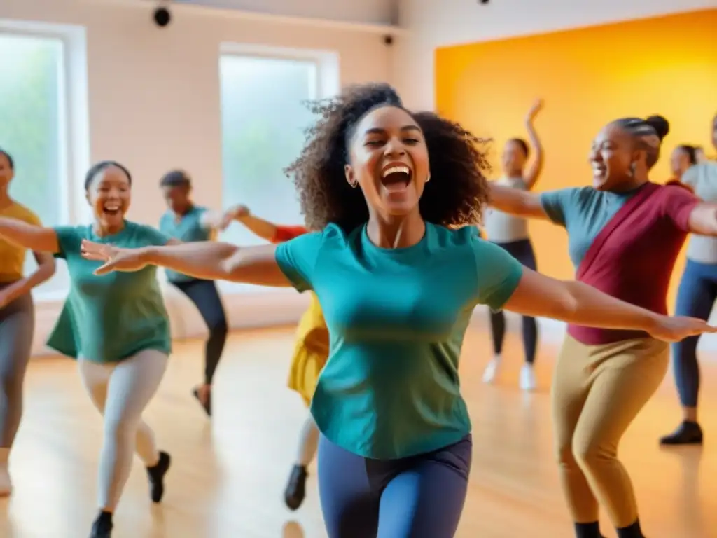 Diversidad de niños participando alegres en un taller de danza, expresando emociones y fortaleciendo autoestima