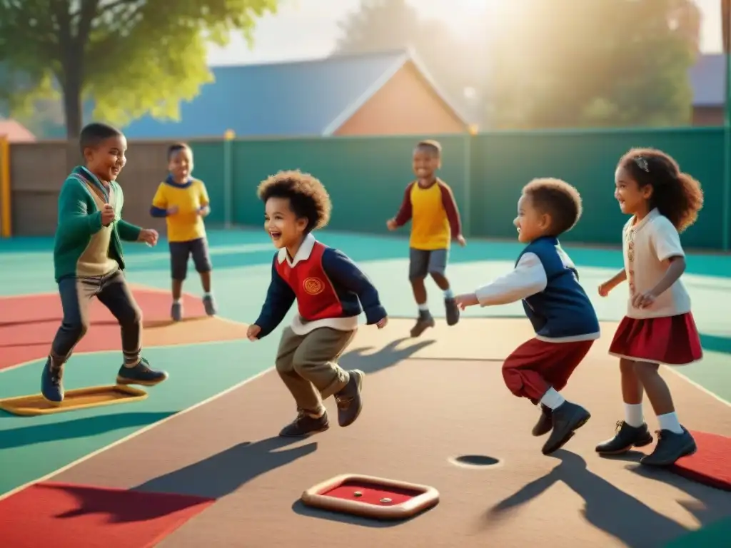 Diversidad de niños jugando juegos tradicionales en un animado parque al atardecer, resaltando la importancia de juegos tradicionales