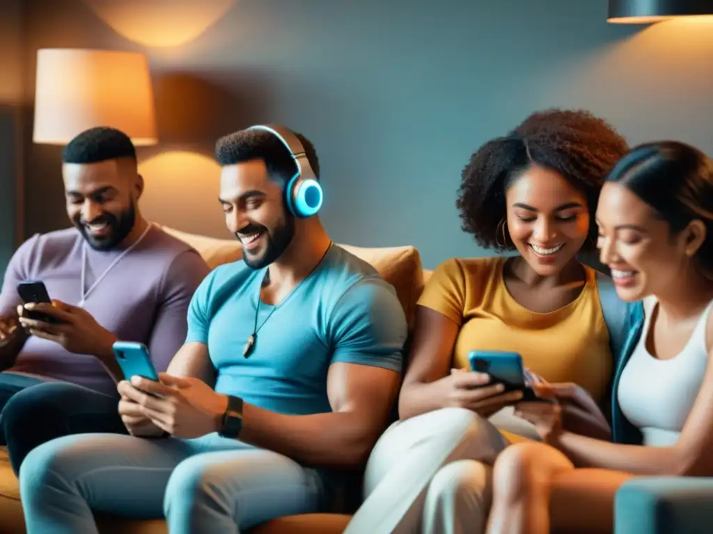 Diversidad de personas concentradas y felices jugando juegos en smartphones, impacto salud mental juegos apps