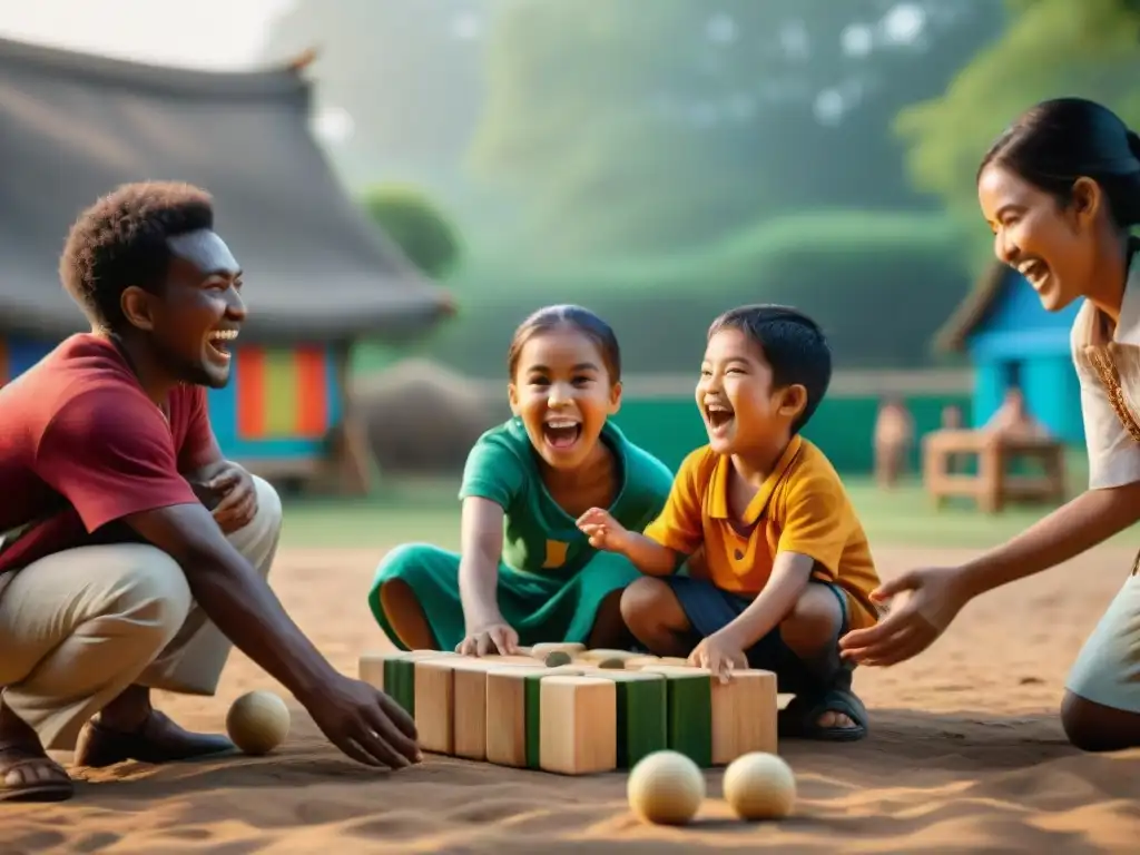 Diversión multicultural en juego tradicional en el parque Diversión y camaradería en juegos tradicionales, niños de distintas edades y culturas comparten risas en un parque comunitario