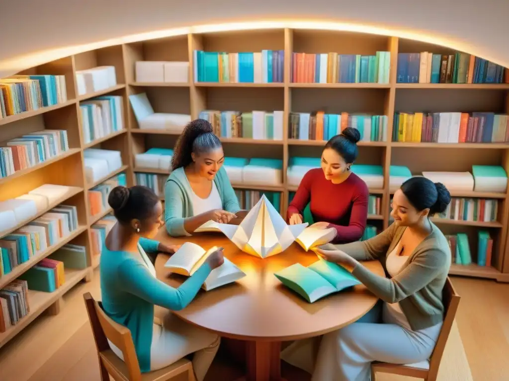 Un diverso grupo de personas de diferentes edades y etnias participa con entusiasmo en un taller de origami temático literario