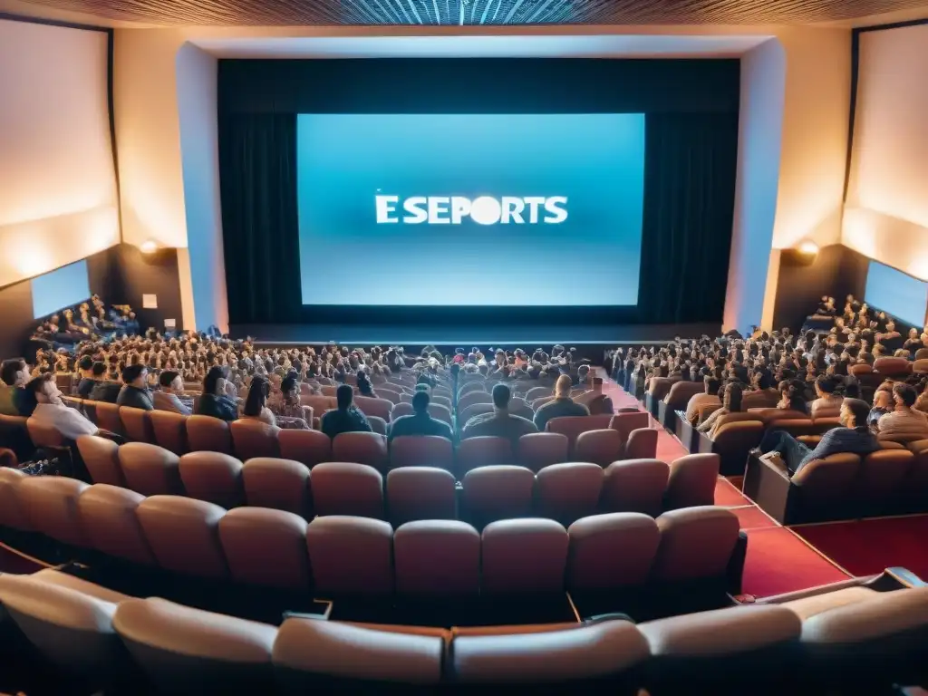 Documentales cine eSports historia evolución: Auditorio lleno viendo documental eSports, público cautivado por la evolución en pantalla grande