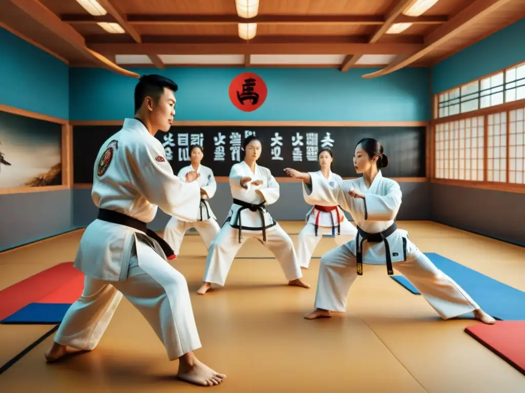 Un dojang tradicional de Taekwondo en Corea del Sur, lleno de murales vibrantes que cuentan la historia y evolución de este arte marcial