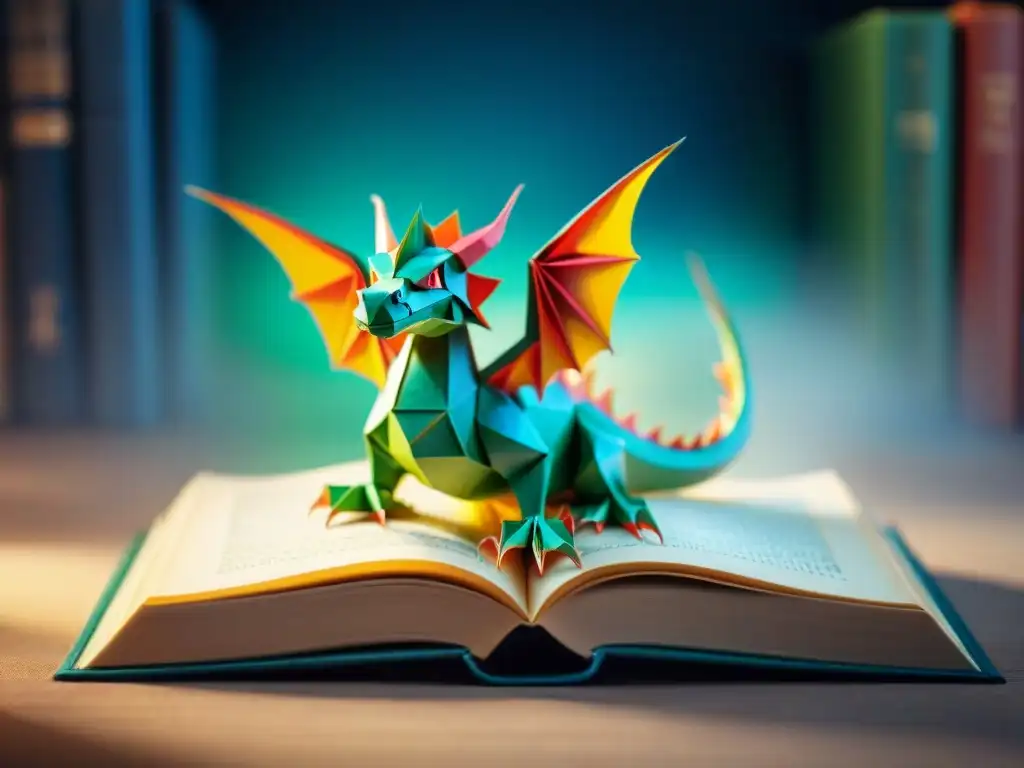 Un dragón de origami emerge de un libro clásico, fusionando literatura y juegos culturales diferentes en una escena cautivadora