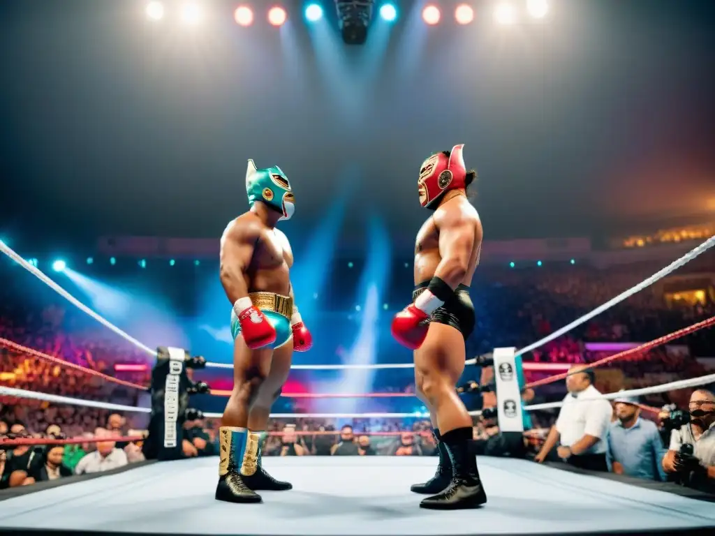 Dramático enfrentamiento de luchadores en un ring de lucha libre, resaltando la pasión y tradición de las máscaras y colores vibrantes