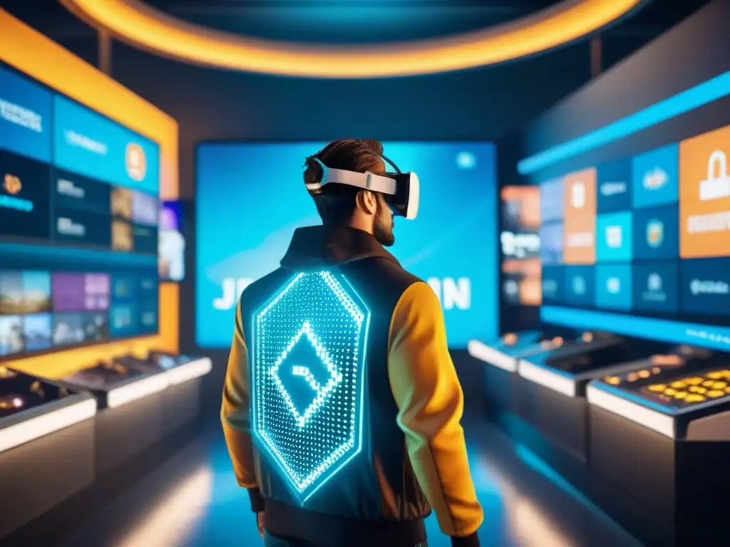 Economías virtuales en videojuegos blockchain: Avatares comerciando en un mercado virtual futurista