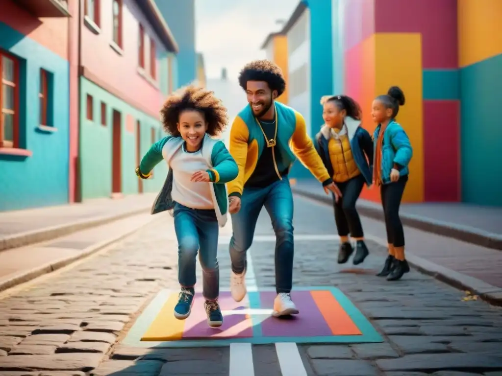 Juego de rayuela: diversión y diversidad en la ciudad Evolución social en juegos calle: niños de diversas edades y etnias disfrutan juntos de la rayuela en una animada ciudad