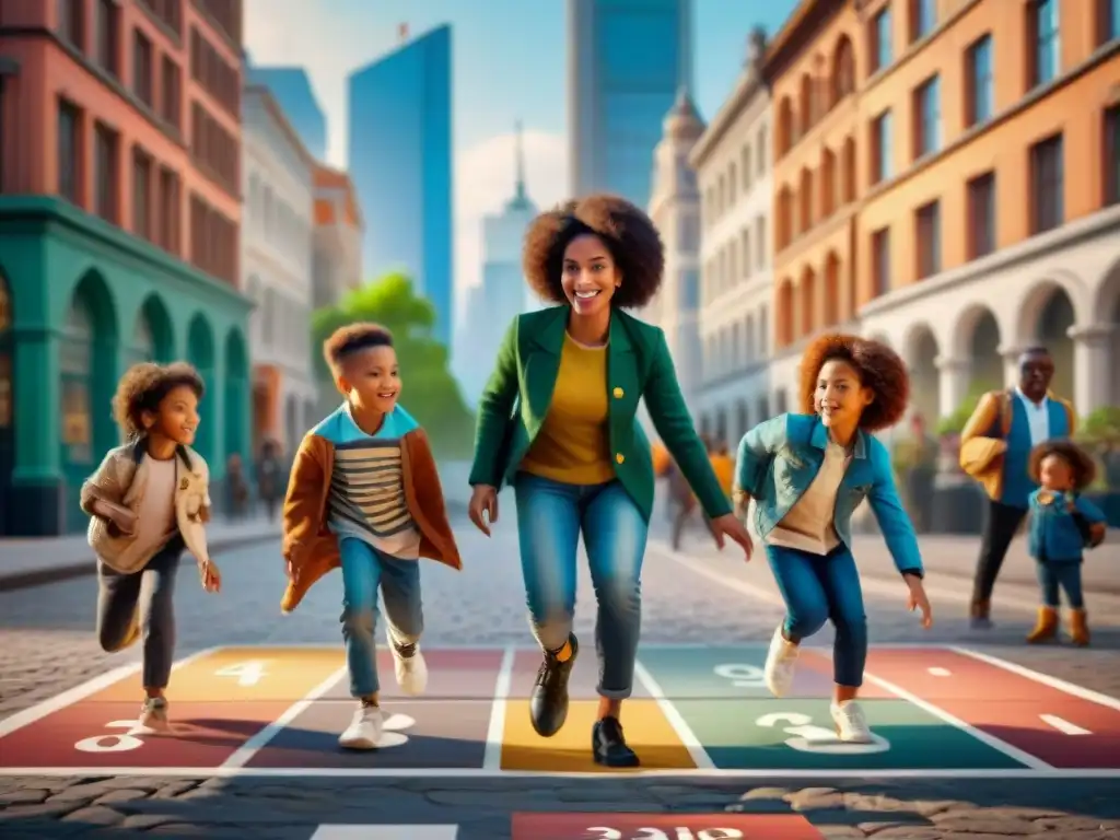 Juego de la rayuela: tradición y diversidad en la ciudad Evolución social: niños de distintas edades y etnias juegan a la rayuela en la calle, entre edificios históricos y modernos