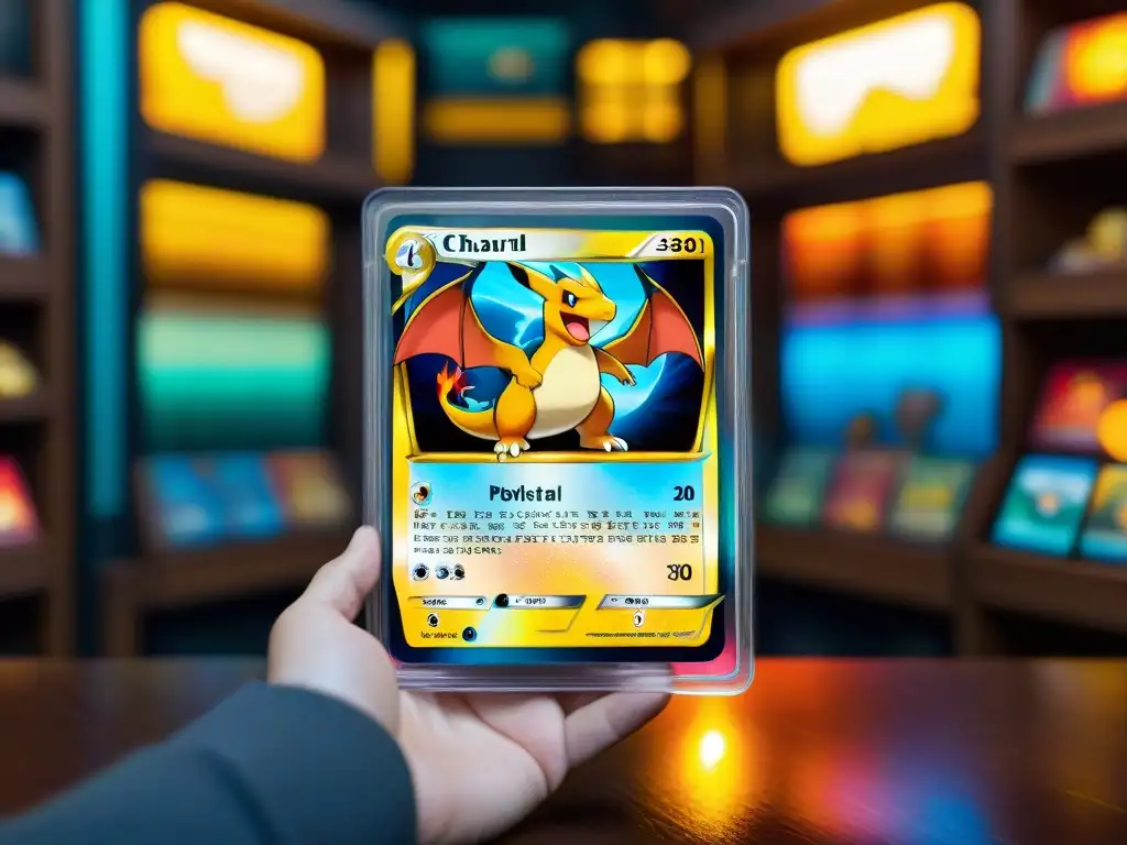 Colección de ediciones limitadas cartas Pokémon brillantes en mesa de madera oscura