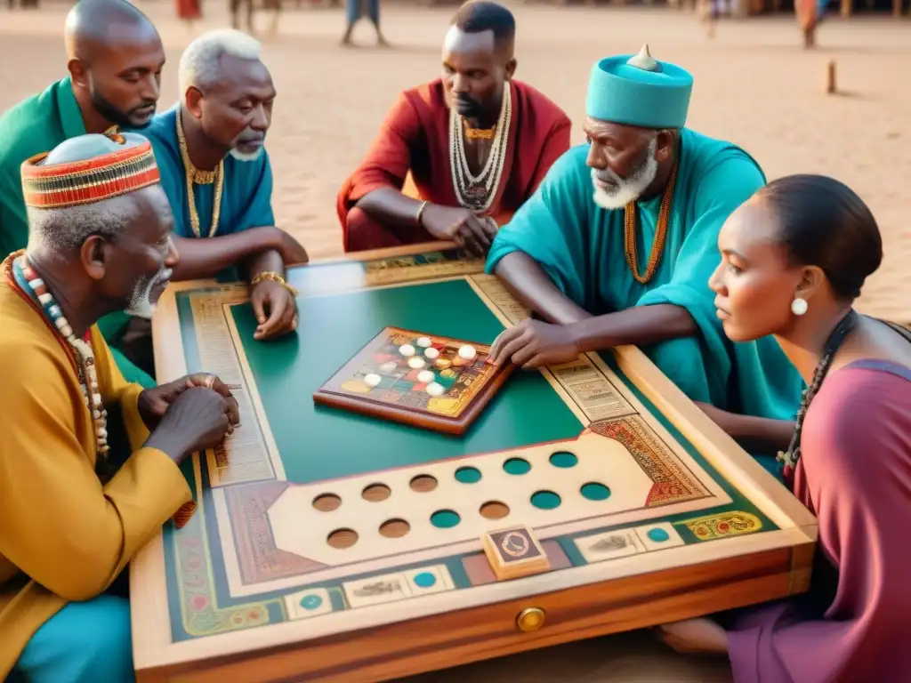 Elders africanos juegan estratégico en mercado al atardecer, reflejando historia y cultura africana