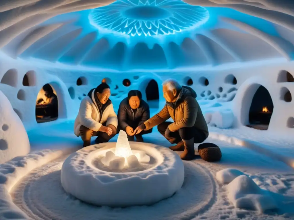 Elders inuit jugando juegos de destreza mental indígenas dentro de un iglú con tallados de hielo