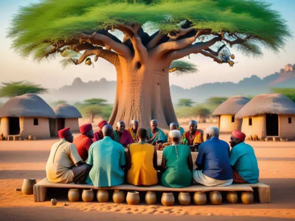 Elders disfrutan de un juego de mancala bajo un baobab en una aldea africana, reflejando la rica cultura de juegos estratégicos africanos