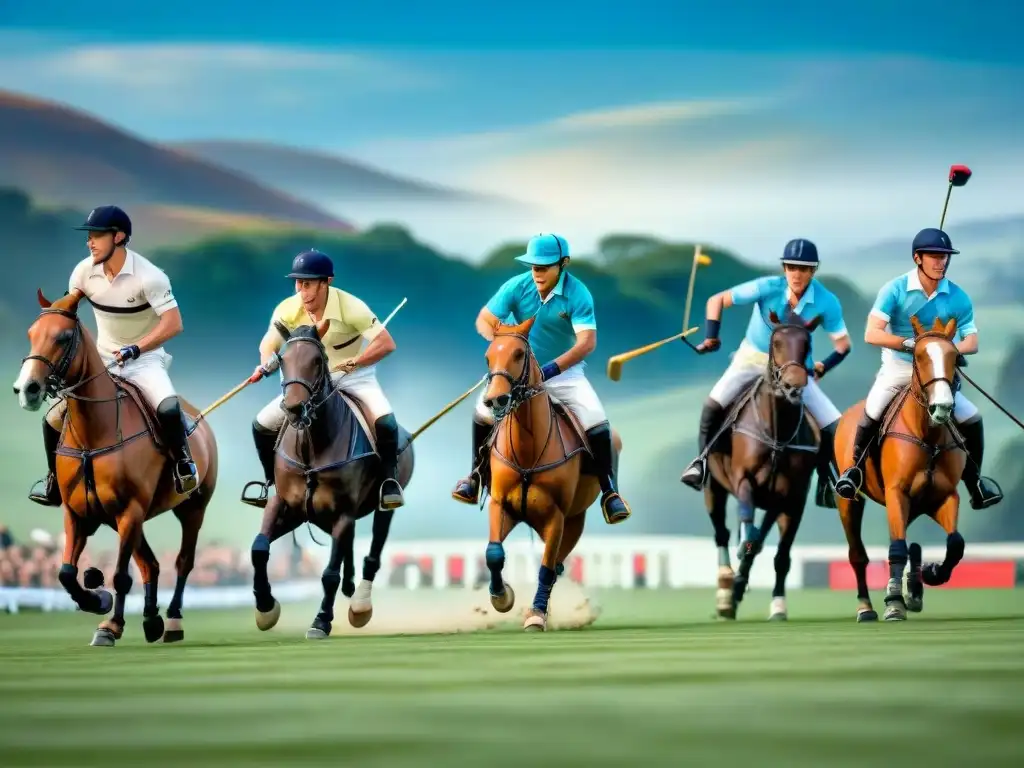 Polo elegante en la campiña inglesa: jugadores en acción Un elegante juego de Polo en un campo inglés, con jugadores montados en caballos y paisajes majestuosos